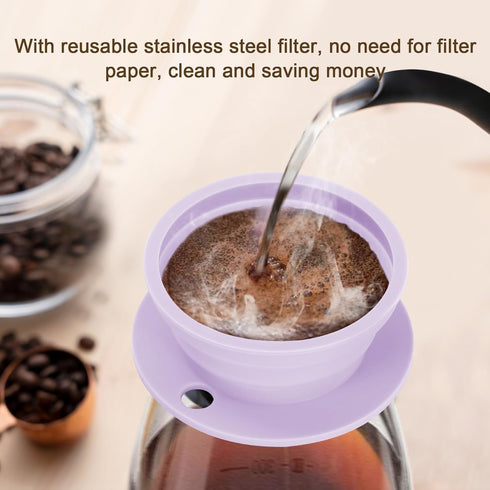Collapsible Paperless Pour Over Coffee Maker with Stainless Steel Mesh Filter, Silicone Camping Coffee Maker Pour Over for 1~2 Cup, Reusable Colla...