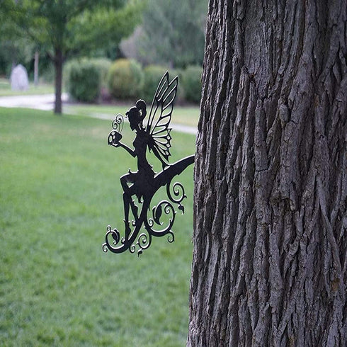 Fairy Garden Art, Yard Flower Fairy Metal Decor, Silhouette Sculpture Backyard Hanging Tree, Ornaments for Outdoor Garden Home Yard Lawn, Branch D...