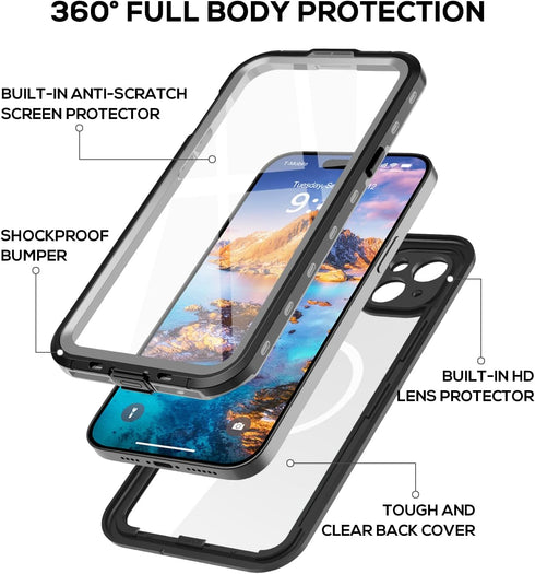 for iPhone 15 Waterproof Case with Built-in Screen Protector, Shockproof Dustproof Full Body Protective IP68 Waterproof Phone Case for iPhone 15 6...