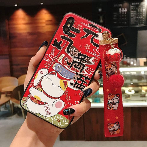 Compatible with iPhone 7/8/se3 2022 Case with Phone Lanyard, 4.7 inch Cute Japanese Lucky Cat Design, Glitter Luxury 3D Emboss Phone Case with Wri...