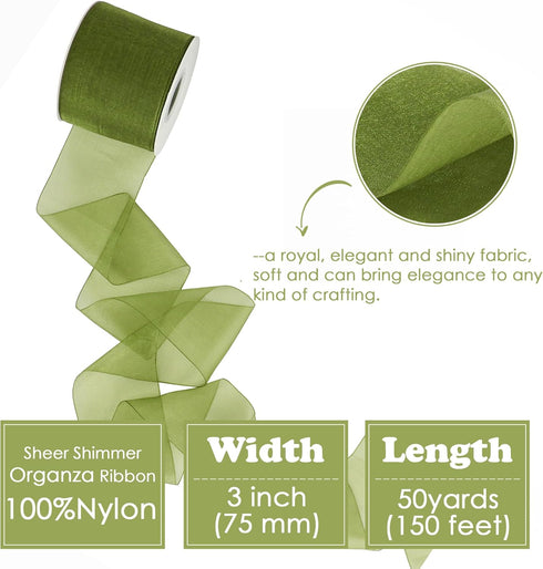 HUIHUANG Moss Green Organza Ribbon 3 inch Sage Green Shimmer Sheer Organza Fabric Ribbon for Flower Bouquets, Bows, Gift Wrapping, Wedding Decor, ...