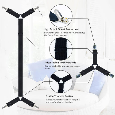 Bed Sheet Clips, 6 pcs Black Fitted Sheet Holder Straps, Upgraded Triangle Bed Sheet Fasteners for Corners, Elastic Adjustable Bed Sheet Straps fo...