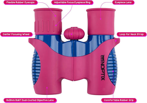 Binoculars for Kids, Girls or Boys Real Kids Binoculars in Vibrant Pink Blue - includes Sticker Book with 40 Bird Species - Kids Toys Small Binocu...