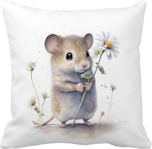 Cute Mouse and Flower 18x18 Inch Throw Pillow Cover, Sweet Floral Mice Decorative Cushion Case, Adorable Rodent Pet Lover Home Room Bed Couch Spri...