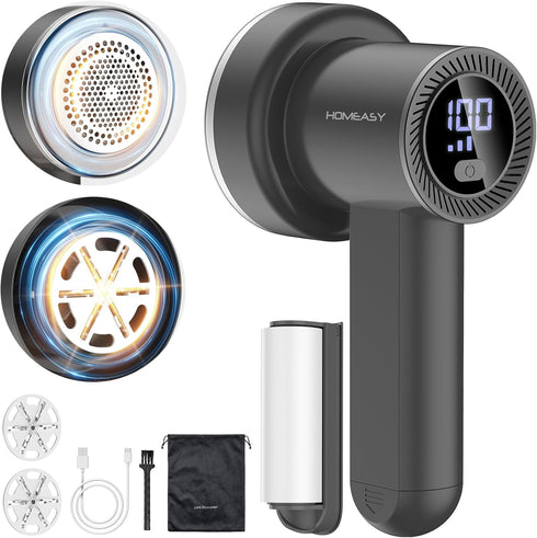 Fabric Shaver Fuzz Remover Rechargeable, HOMEASY Electric Lint Remover Shaver with 3 Blades & LED Digital Display, Sweater Couch Fabric Pill Shave...