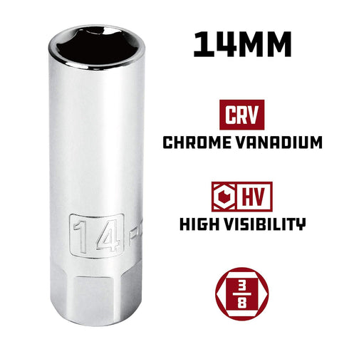 Powerbuilt 3/8-Inch Drive 14mm Spark Plug Socket, Chrome Vanadium Steel with Rubber Insert, Z-Drive 6-Point Design, Forged Size Markings for Easy ...