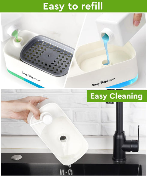 Hand and Dish Soap Dispenser Set for Kitchen, Dual Soap Dispenser with Sponge Holder, 3-in-1 Countertop Soap Pump Dispenser for Kitchen Sink, Usef...