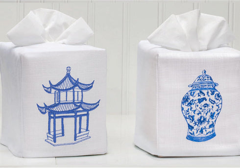 Jacaranda Living Square Tissue Box Cover, Linen/Cotton Fabric Tissue Holder, Decorative Cloth Tissue Cube Cover, Holiday Designs Pagoda...