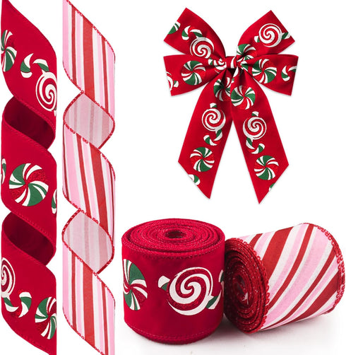 2 Rolls Christmas Ribbon for Wreath Bows Wrapping Gifts, Red Pink Candy Cane Ribbon for Gift Wrapping Party Supplies Decoration DIY Crafts 2.5" X ...