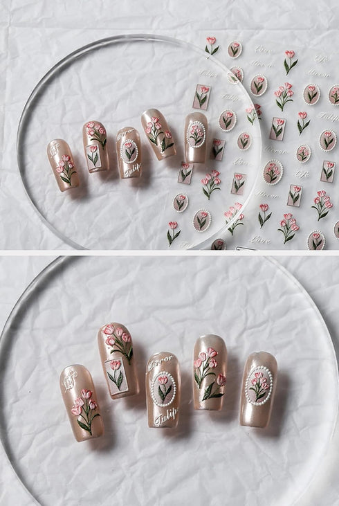 5D Embossed Flower Nail Art Stickers Spring Tulip Nail Decals for Nail Art Decoration, Self Adhesive Pink Tulip Nail Art Supplies Elegant Tulip De...