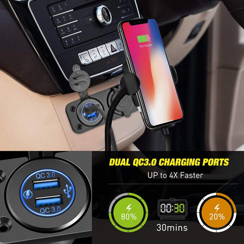 Nilight QC 3.0 Dual USB Charger and Cigarette Lighter Socket Pre-Wired 12V-24V with Cigar Power for Cars Trucks...