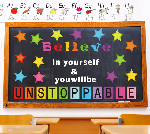 54 Pcs Believe in Yourself Bulletin Board Decorations Stylish Star Inspirational Quotes Bulletin Cutouts Wall Decals with Glue Point Dots for Scho...