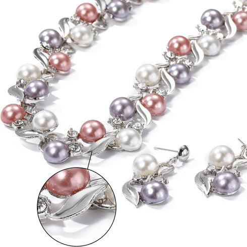 Glass Pearl Necklace and Earring Set,Collar De Perlas para Mujer,Faux Pearl Jewelry Set for Women (Silver)...