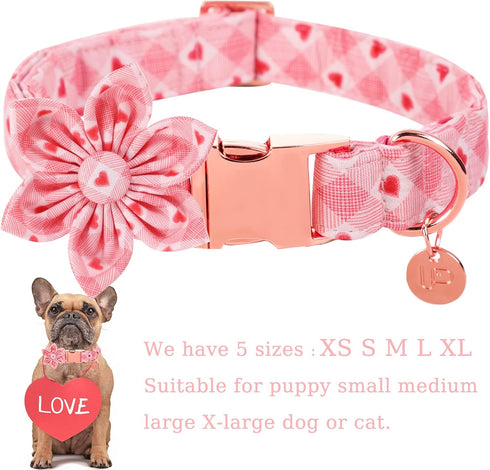 Valentine’s Day Dog Collar with Flower, Valentine Flower Collar Puppy Girl Dog or Cat, Valentine’s Day & Wedding Gift Pet Collar, Cotton Plaid Col...