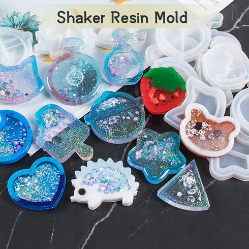 FineInno 11Pcs Quicksand Resin Casting Molds,Resin Art Shaker Mold, Crystal Silicone Hollow Mould Epoxy Pendant Mold Heart, Star, Moon,Bottle,Cat ...
