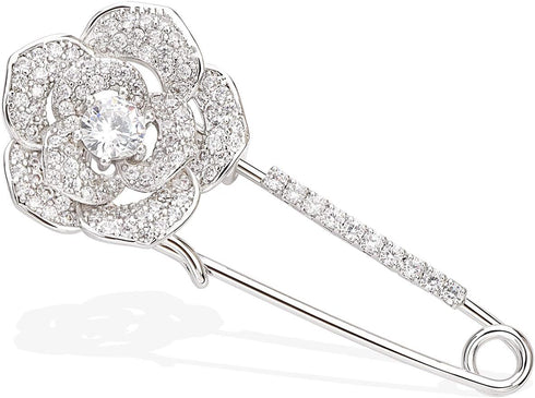 Silver Tone Sparking Micro Pave Layered Petal CZ Rose Flower Cardigan Sweater Safety Pin Brooch...