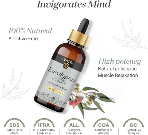 Avatra Eucalyptus Essential Oil, Pure & Natural Therapeutic Grade Essential Oil | for Clear Skin Strong Hair | Aromatherapy, Diffuser- 3.38 Fl Oz...