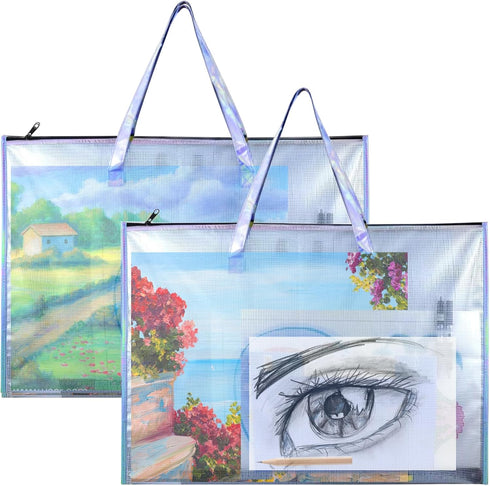 BUSOHA Art Portfolio Bag with Handle and Zipper - 2 PACK Large Clear Waterproof Poster Storage Bag for Artworks, Drawing Pads Supplies, Charts and...