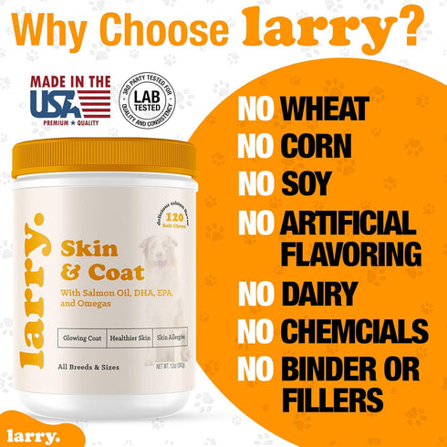 Salmon Oil for Dogs Skin and Coat by Larry | Dog Supplements for Itchy Skin & Allergy Relief | Omega 3, 4, DHA, & EPA for Skin, Coat, Bone, & Join...