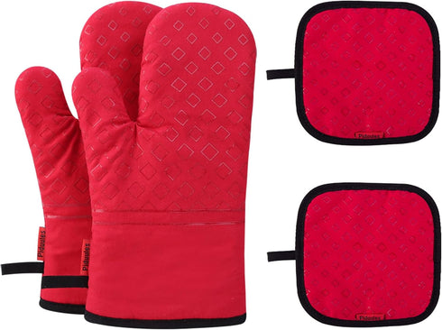 Set of 4 Oven Mitts and Pot Holders, 482 F Heat Resistant Hot Plate Moving Non-Slip Gloves for BBQ, Grill, Baking, Cooking, Oven, Microwave (Red)...