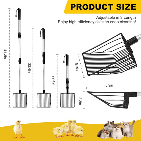 Metal Litter Scooper Long Handle, 3 In 1 Adjustable Stainless Steel Chicken Litter Scoop (22.4 - 41.3inch) Chicken Coop Accessories, Chicken Coop ...
