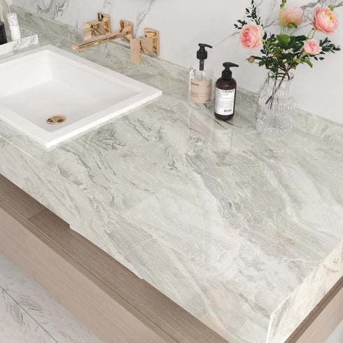 Shiny Beige Marble Contact Paper Peel and Stick Countertops Waterproof Marble Wallpaper Glossy Self Adhesive Gold Granite Contact Paper for Kitche...