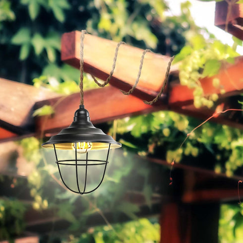 Industrial Weatherproof Ceiling Pendant Light Kit with Twisted Hemp Rope Hanging Lighting Cord Fixture 16.6FT Outdoor Chandelier for Industrial DI...