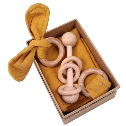 Baby Lovey, Wood Rattle, Teether Ring, 3 Pack Montessori Gift, Ginger, 100% Cotton, Double Gauze, Baby Girl Shower Gift...