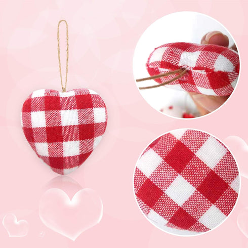 EBaokuup 30 Pcs Valentines Fabric Heart Ornament for Hanging-6 Styles Red Pink Buffalo Plaid Check-Heart-Shaped Hanging Decoration for Valentine's...