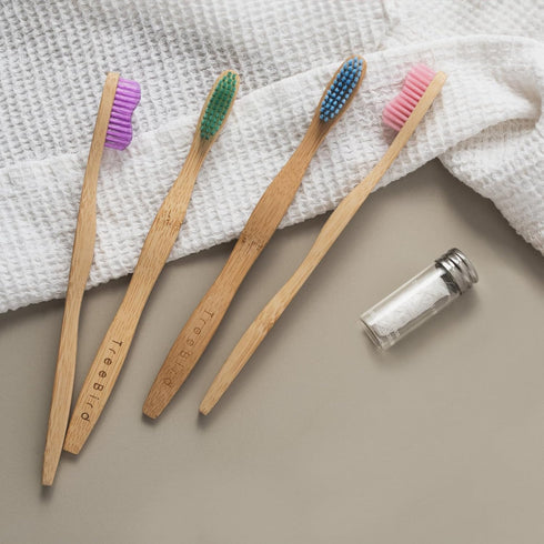 Bamboo Toothbrush 4-Pack & Compostable Silk Dental Floss with Refillable Glass Holder | Biodegradable Oral Care Set | Soft BPA-Free Bristles | Nat...