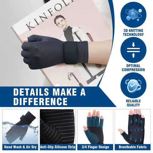 2 Pairs Pack Compression Gloves for Women Men, Copper Arthritis Gloves for Hand Pain Relief, Carpal Tunnel Wrist Support, Rheumatoid, Joint Swelli...