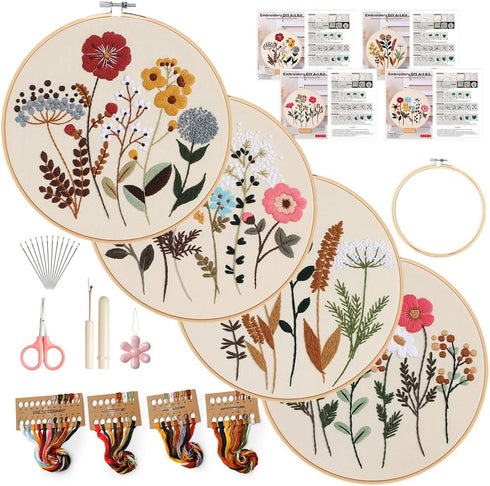 Embroidery Kit for Adults, 4 Sets Cross Stitch Kits for Beginners with Stamped Flower Pattern, Starter Kits for Hand Craft Lover with Bamboo Hoop,...