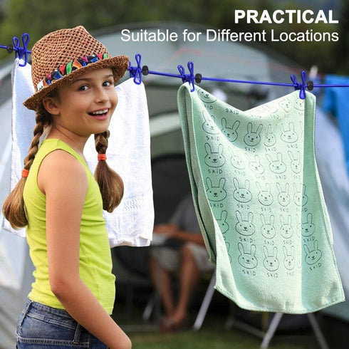 2 Pack Portable Clothesline with 12 Clothespins, Windproof Travel Stretchy Retractable Elastic Laundry Clothes Line for Backyard, Vacation Hotel, ...
