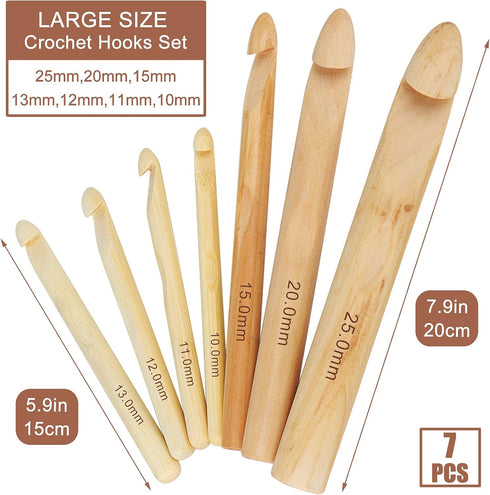Coopay Large Wooden Crochet Hooks Ergonomic Crochet Hook Set 10-25 mm, 7PCS Inline Crochet Hooks Bamboo Crochet Kit for Beginner, Giant Wood Croch...