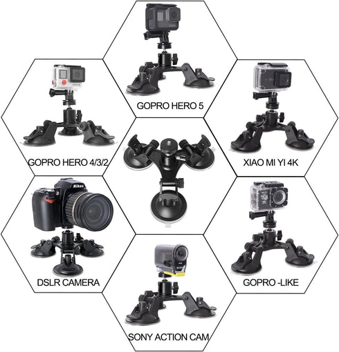 3-Cup Action Camera Suction Cup Mount Motion Camcorder Car Windshield Hood Door Trunk Lid Holder/w Ball Head Compatible with GoPro Sony DJI OSMO A...