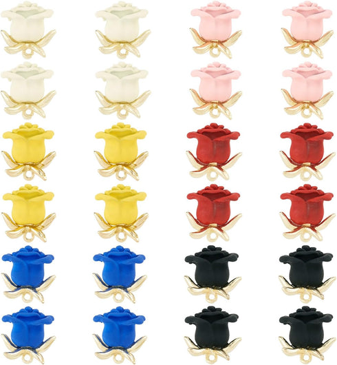 Craftdady 24Pcs Alloy Rose Charms 6 Colors 3D Flower Pendants Red Pink Black Rose Floral Bead Charms Spray Painted for Crafts DIY Valentine's Day ...