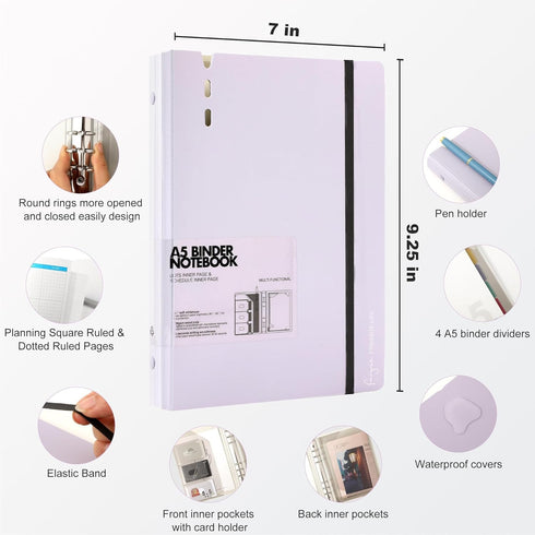 CAGIE A5 Binder 6 Ring Binder Notebook with Dividers Refillable Planner Binder with Pockets, A5 Refill Paper Include Planning Square Ruled and Dot...
