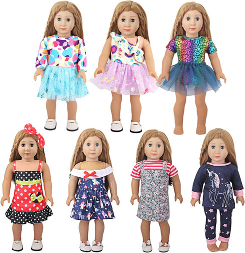 7 Sets of Doll Clothes Accessories for 18 Inch American Dolls, includes 6 Sets of Charming Doll Dresses, 1 Unicorn Themed Doll Pajama Set, Perfect...