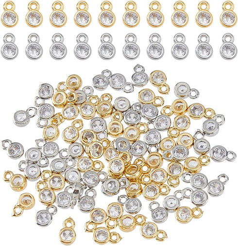 SUPERFINDINGS 80Pcs 2 Colors Bulk Cubic Zirconia Charms Brass Flat Round Pendants Rhinestone Crystal Platium Charms Golden Earring Bracelet Neckla...