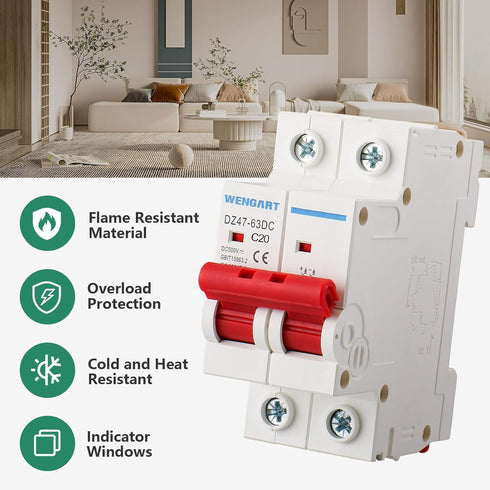 DC Miniature Circuit Breaker DZ47-63Z,500V 2 Poles 10-63A,Work for Battery and Solar PV Systems and Other DC Systems, DIN Rail Mount,DC Disconnect...
