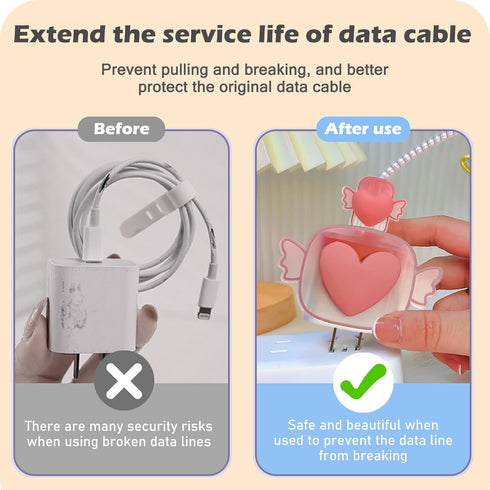 Wings Cable Protector for Apple Charger with Cute 3D Pink Love Heart Design, Data Line USB Charger Cover Wire Cord Saver DIY Charger Protector Com...
