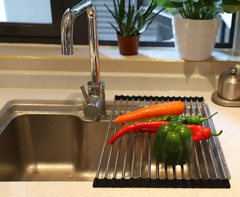 Roll up Dish Drying Rack Over The Sink Portable Stainless Still Rolling Rack Folding Mat for Kitchen Counter (Black, 17.7''LX11.2''W)...