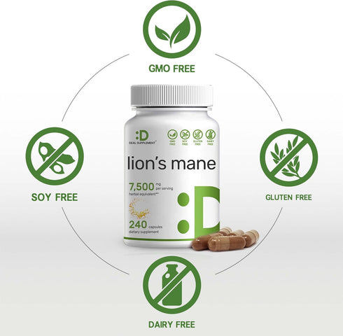 Lions Mane Mushroom Supplement, 7,500*mg Per Serving, 240* Capsules – Active Fruiting Body & Mycelium 10:1 Extract – Natural Brain Nootropic & Imm...