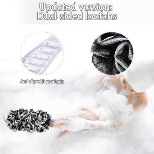 2Pack Loofah Sponge, Qewro Dual-Sided Loofah on a Stick Exfoliating Body with Long Handle, Body Scrubber for Back use in Shower with Loufas or Luf...