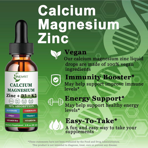 Calcium Magnesium Zinc Liquid Drops, Liquid Magnesium Glycinate 500mg Calcium 1000mg with Vitamin D3,K2,B6,B12,Coq10 for Bone Strength, Muscle Fun...