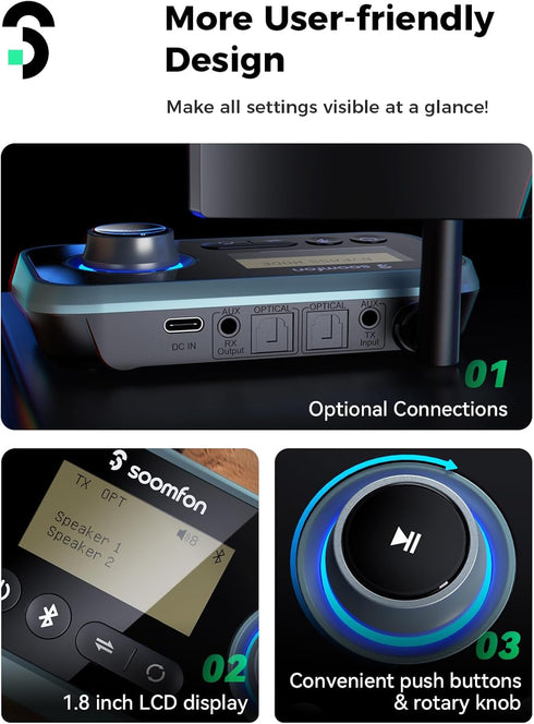 Bluetooth Transmitter Receiver - SOOMFON 3-in-1 Bluetooth 5.0 Audio Adapter for 2 Headphones with LCD Display Adjustable Volume, Optical AUX RCA B...