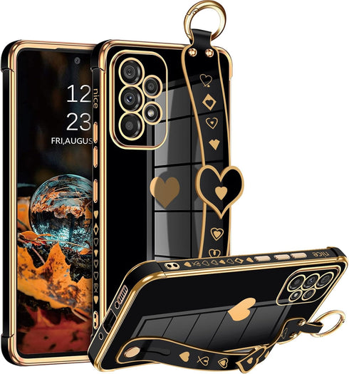 Case for Samsung Galaxy A52 Women Girl,Luxury Bling Cute Plating Hearts Soft Cover with Strap Kickstand,Full Camera Lens Protection Electroplate R...
