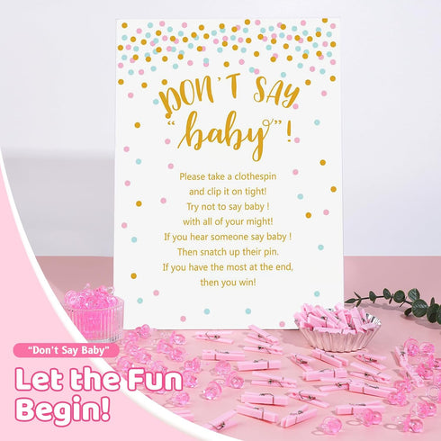 Don't Say Baby Shower Clothespin Game for Girl Includes 8x11 Standing Sign, 60 Mini Pink Clothes Pin, 60 Mini Pacifiers...