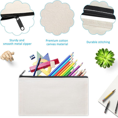 12 Pieces White Cotton Canvas Makeup Bag, Multipurpose Cosmetic Bag with Zipper Travel Toiletry Pouch, Blank DIY Craft Bag (White, M)...