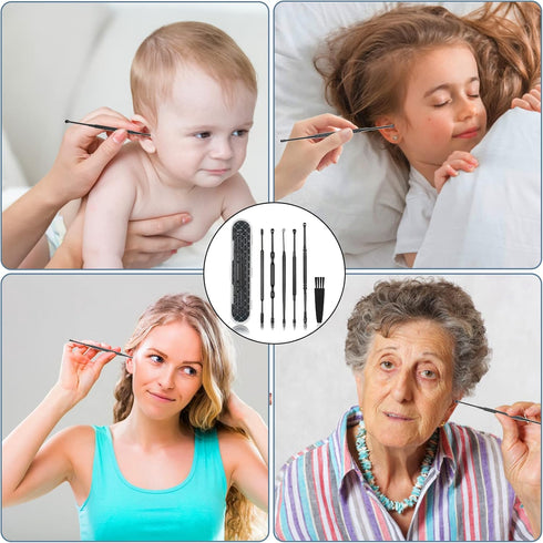 Hion 6 Pcs Ear Wax Removal Kit,Professional Double-Headed Ear Pick Earwax Removal Tools,316L Stainless Steel Ear Cleaner Curette with Cleaning Bru...